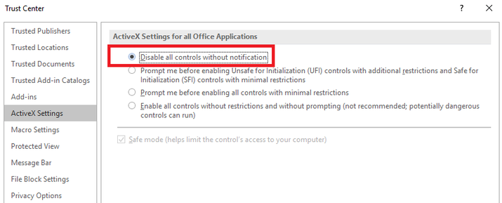 Disable ActiveX elements without notification in Word's Trust Center (Click to enlarge)