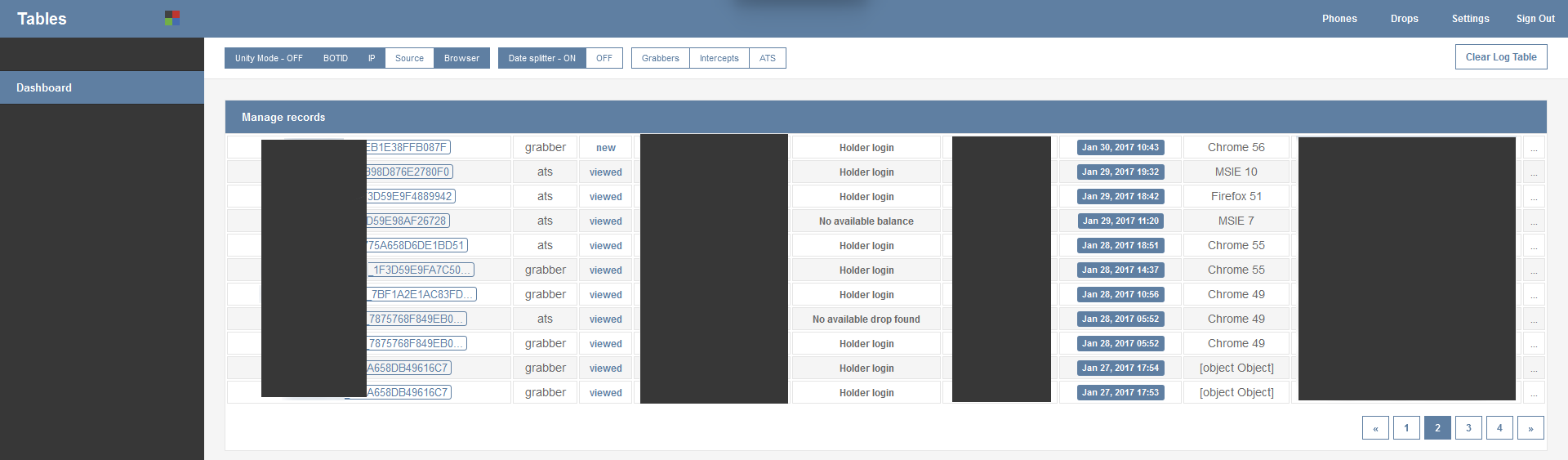 The admin panel of the ZeuS Panda banking malware; it displays individual IDs of infected PCs, with Personal data blacked out