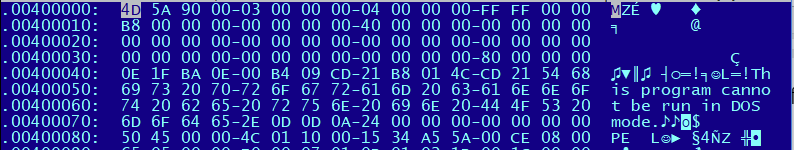 Figure 3: File header of Rozena - note that the MZ header indicates a regular executable file