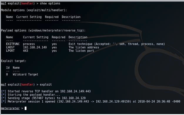 Figure 16: Established connection to infected machine seen in Metasploit