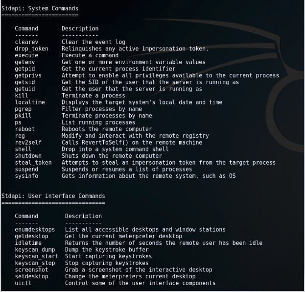 Figure 17: Meterpreter commands