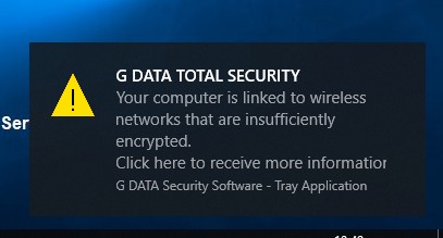 Screenshot: warning issued by the G DATA solutions in case of a weak wifi password being used