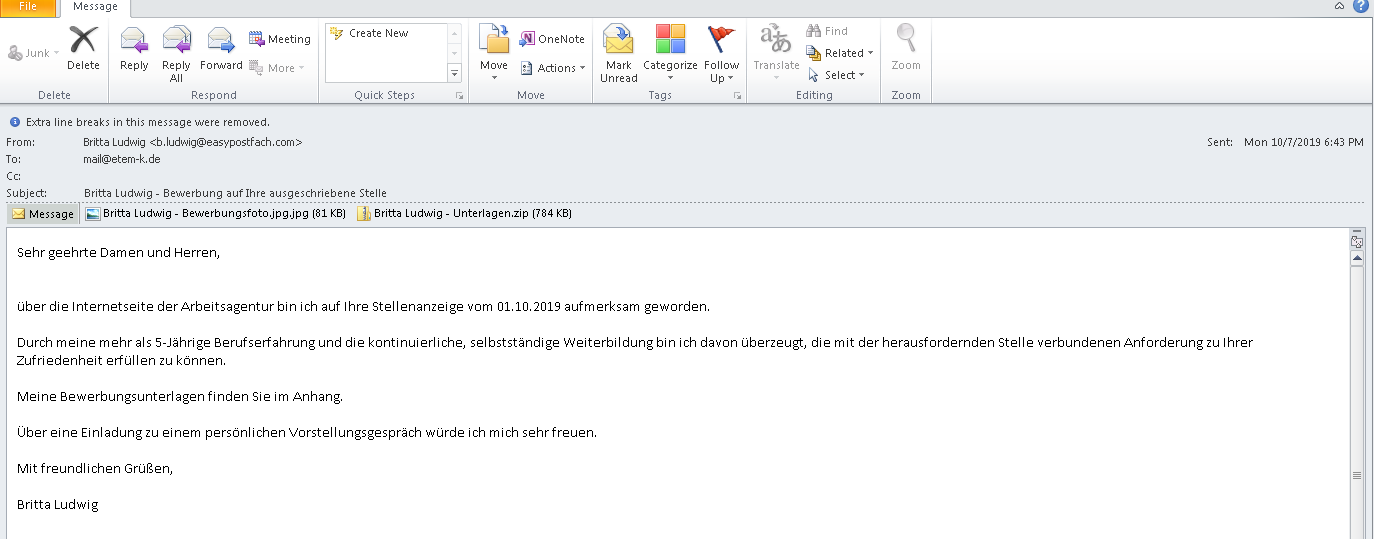 The fake job application sent to human resources via email, containing the malware attachment.